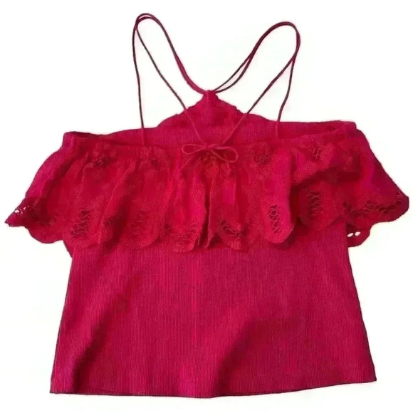 Anthropologie Ruffled Halter Medium Pink Embroidered Crochet Tank Blouse Size S - Picture 7 of 9